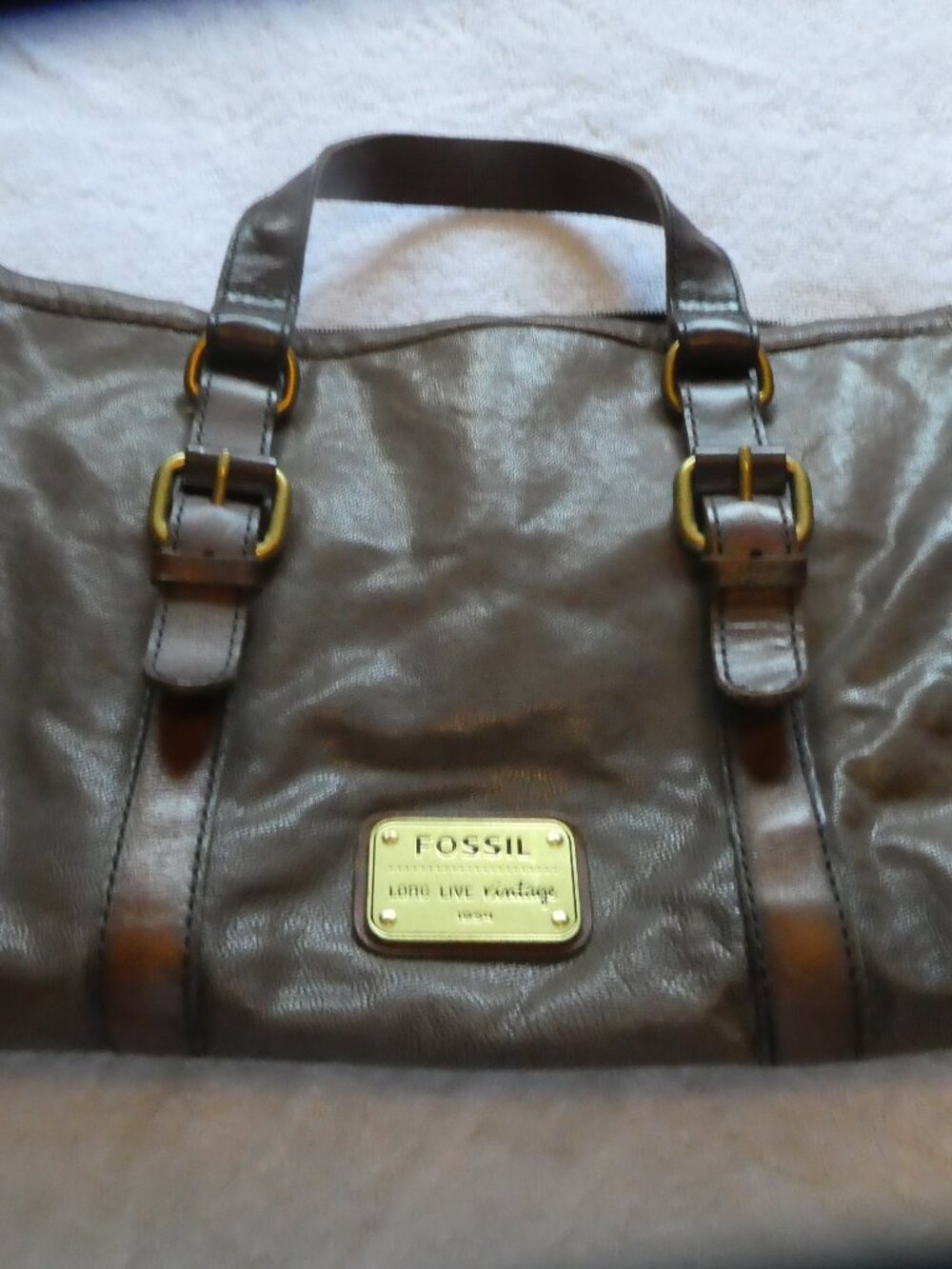 Fossil Maddox Satchel in T-Moro (Dark Brown/Grey-Brown), with Original Key charm